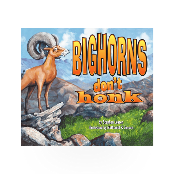 Sunbelt Publications book "Bighorns Don't Honk" featuring a cover image with wildlife illustrations and the book title.