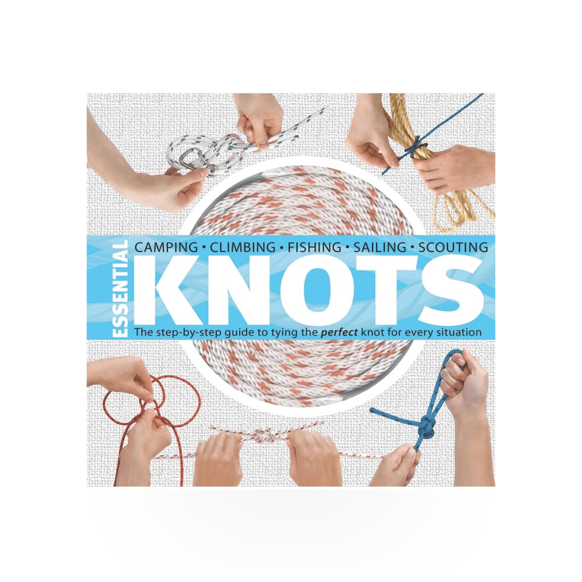 A hardcover book titled "Essential Knots" from Mountaineers Books, featuring diagrams and instructions on knot-tying techniques.