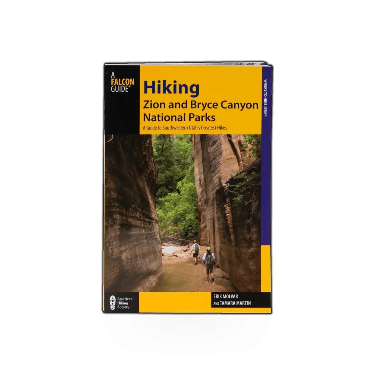 Simon & Schuster book titled "Falcon Hiking Zion & Bryce," featuring a cover image with scenic landscapes and hiking trails.