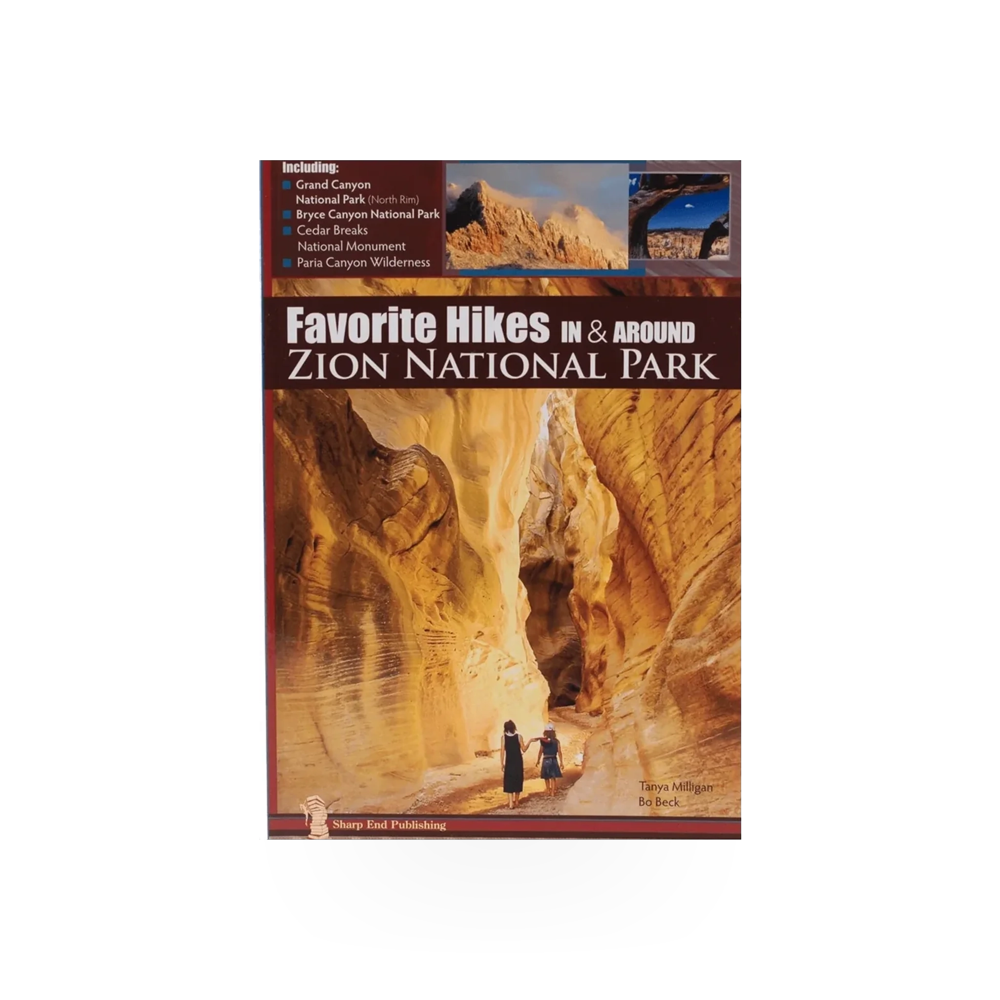 Book titled "Favorite Hikes Around Zion National Park" by Sharp End Publishing, featuring scenic hiking trail descriptions.