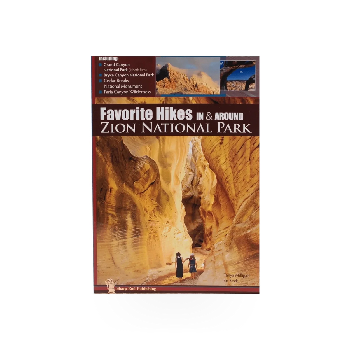 Book titled "Favorite Hikes Around Zion National Park" by Sharp End Publishing, featuring scenic hiking trail descriptions.