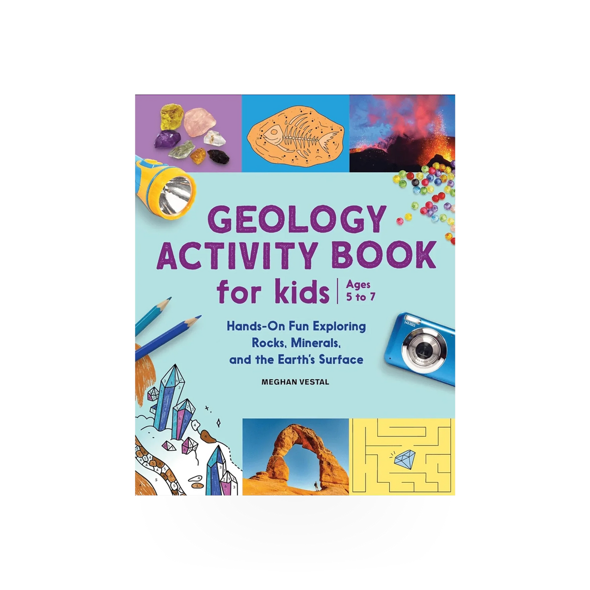 Geology activity book for kids by Source Books featuring colorful illustrations and fun geology facts and activities.