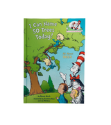 Open book titled "I Can Name 50 Trees Today" by Penguin Random House, showing colorful illustrations of various tree species.