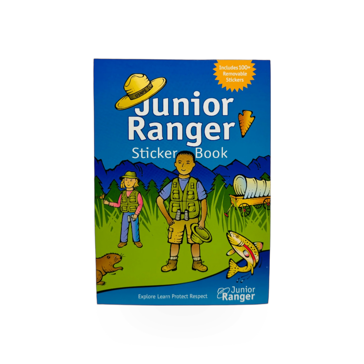 Junior Ranger sticker book by Western National Parks Assoc featuring colorful outdoor-themed illustrations and interactive pages.