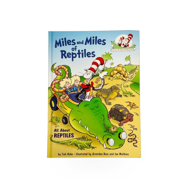 Illustration of the book "Miles And Miles Of Reptiles" by Penguin Random House, showing the colorful cover with various reptiles.