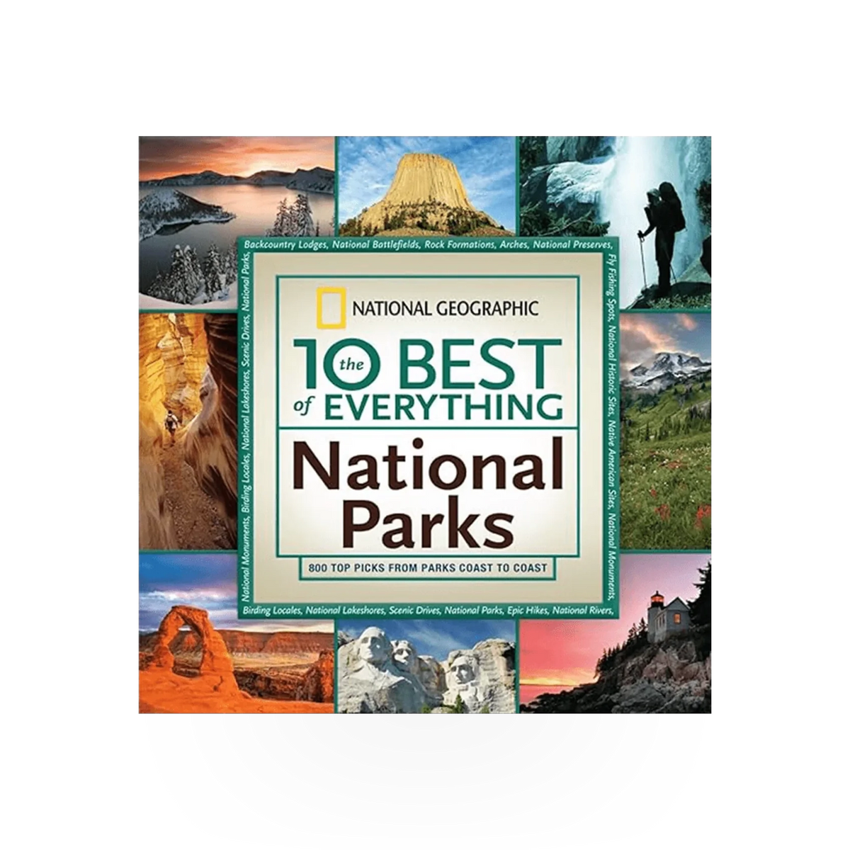 National Geographic's "10 Best Everything Natl Parks" book by Penguin Random House featuring scenic park images and informational pages.