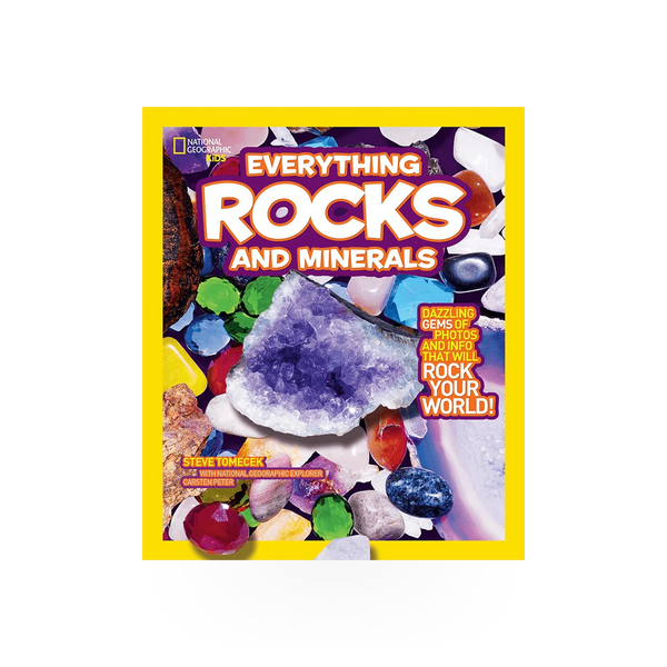 National Geographic Everything Rocks & Minerals book by Penguin Random House showing colorful cover with rocks and mineral illustrations.