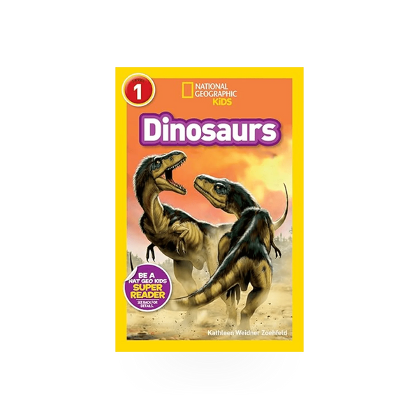 Children's educational book titled Nat Geo Kids Dinosaurs Level 1 by Penguin Random House, featuring colorful dinosaur illustrations.