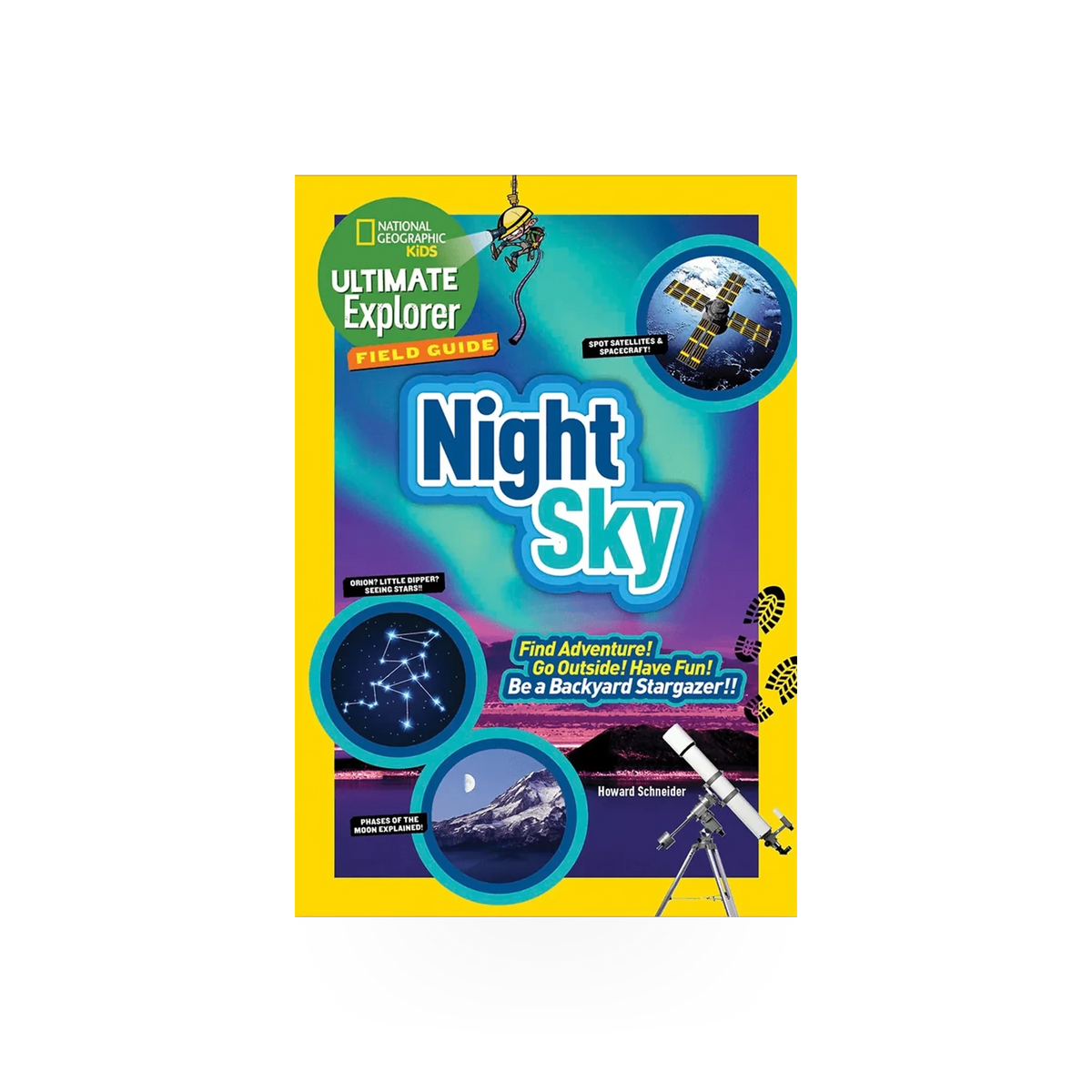 Children's book titled Nat Geo Kids Field Guide to the Night Sky, published by Penguin Random House, showing star charts and sky illustrations.
