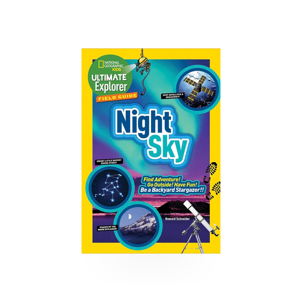 Children's book titled Nat Geo Kids Field Guide to the Night Sky, published by Penguin Random House, showing star charts and sky illustrations.
