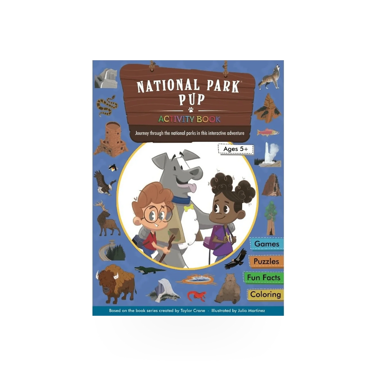 Children's book titled National Park Pup by Space Dad Media / Taylor Crane featuring colorful illustrations of a puppy exploring national parks.