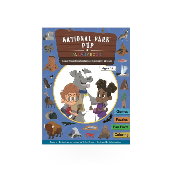 Children's book titled National Park Pup by Space Dad Media / Taylor Crane featuring colorful illustrations of a puppy exploring national parks.
