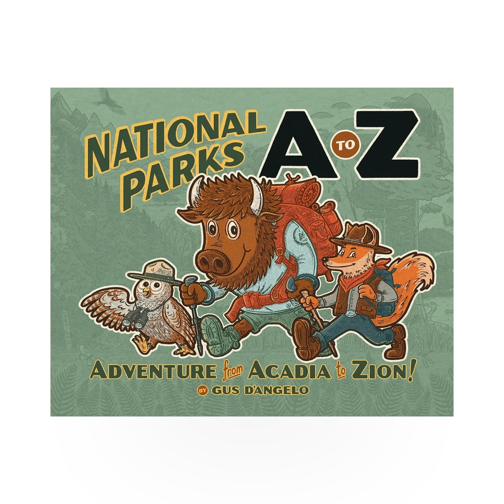 Open book titled "National Parks A to Z" by Mountaineers Books, showing colorful pages and park illustrations.