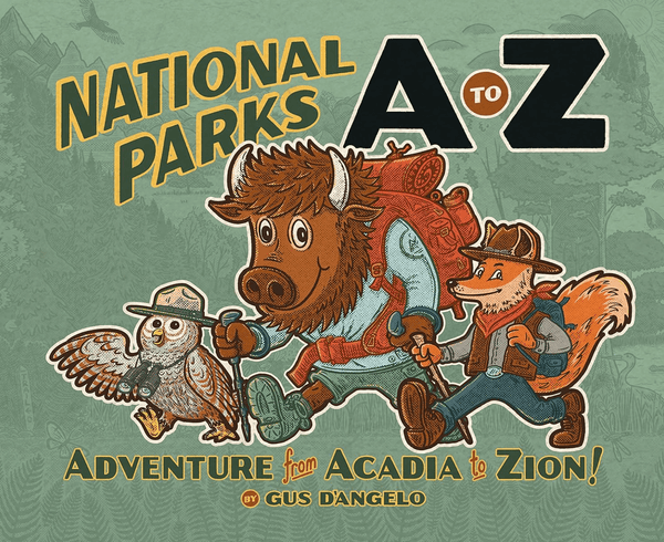 A hardcover book titled "National Parks A to Z" by Mountaineers Books, featuring colorful illustrations on the cover.