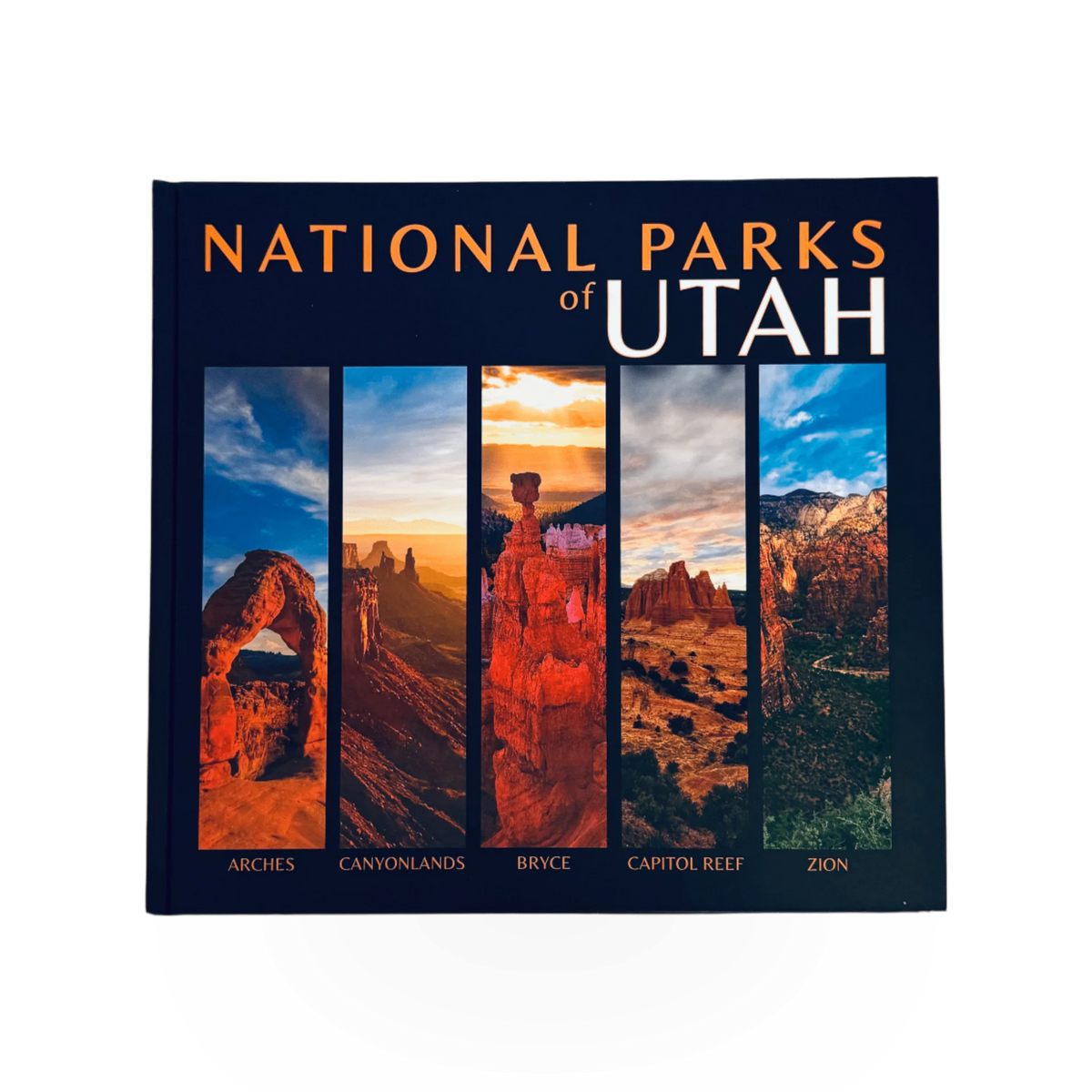 Hardcover book titled "National Parks of Utah" by Park Partners, featuring scenic images of Utah's national parks.
