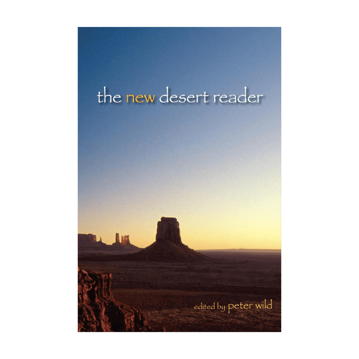 Open book titled "New Desert Reader" from Chicago Distribution Center, showing pages with desert-themed illustrations.