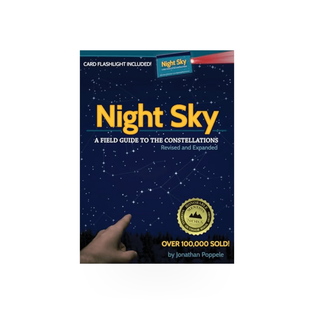 AdventureKeen Night Sky Field Guide book with built-in flashlight, showcasing star charts and guide pages for stargazing.