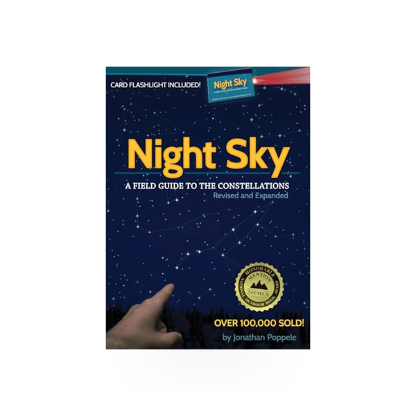 AdventureKeen Night Sky Field Guide book with built-in flashlight, showcasing star charts and guide pages for stargazing.