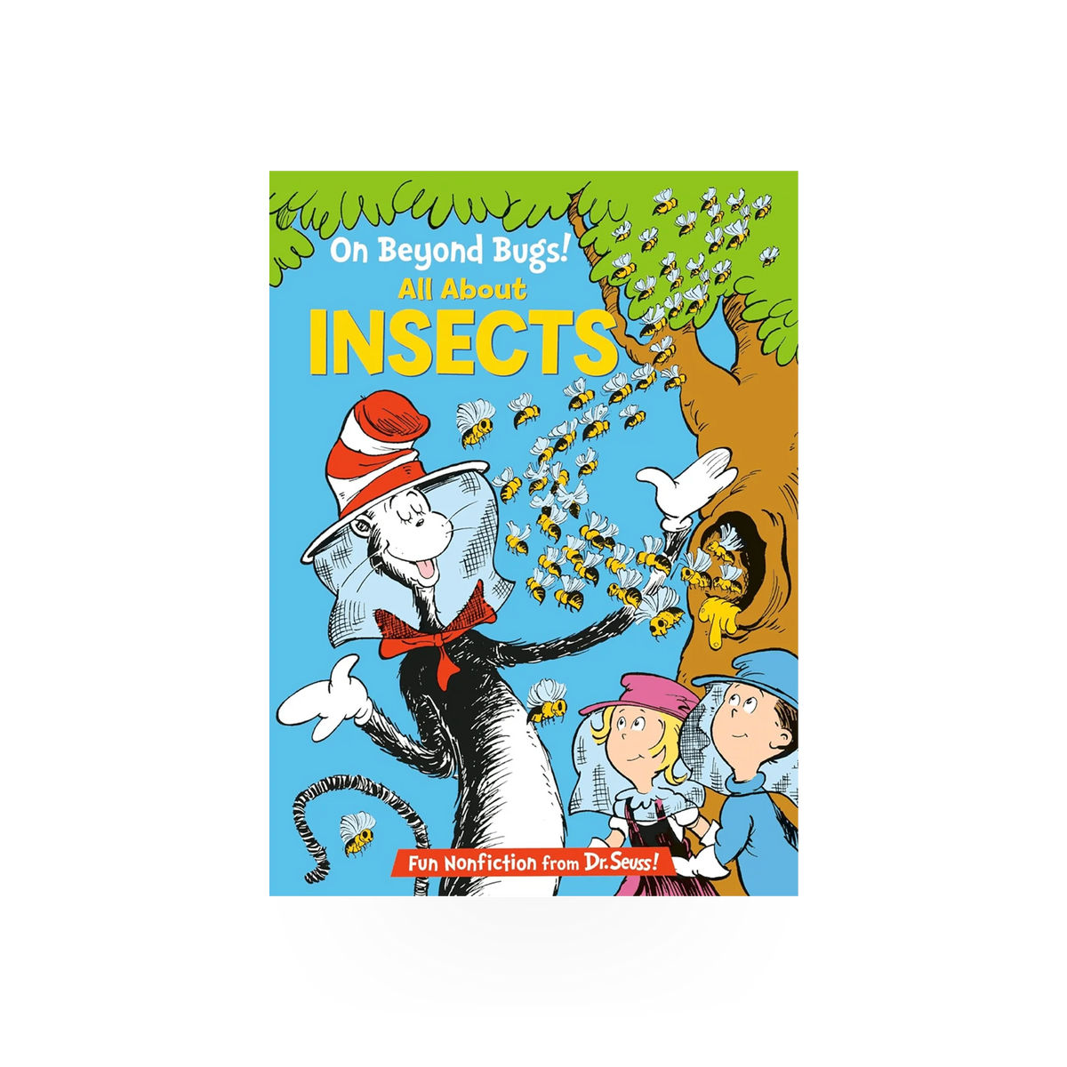 Open book titled "On Beyond Bugs" published by Penguin Random House, showing colorful illustrations on the pages.
