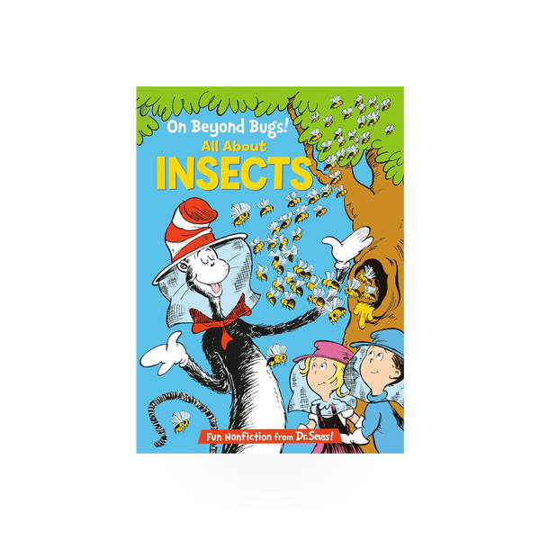 Open book titled "On Beyond Bugs" published by Penguin Random House, showing colorful illustrations on the pages.