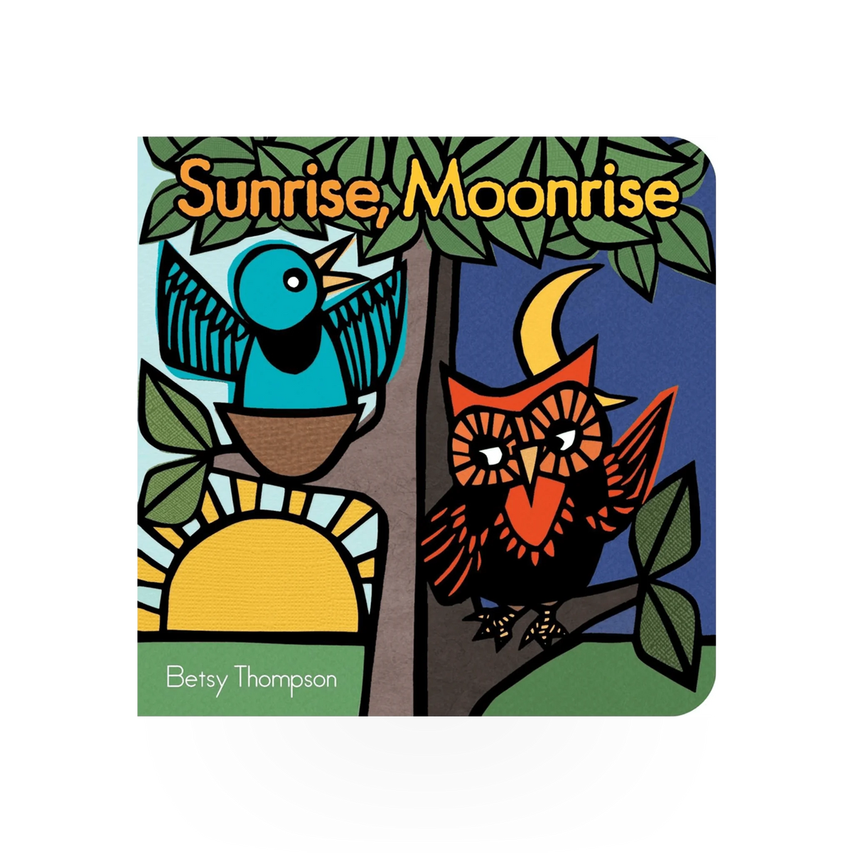 Sunrise and Moonrise board book by Simon & Schuster featuring colorful illustrations of day and night scenes for children.