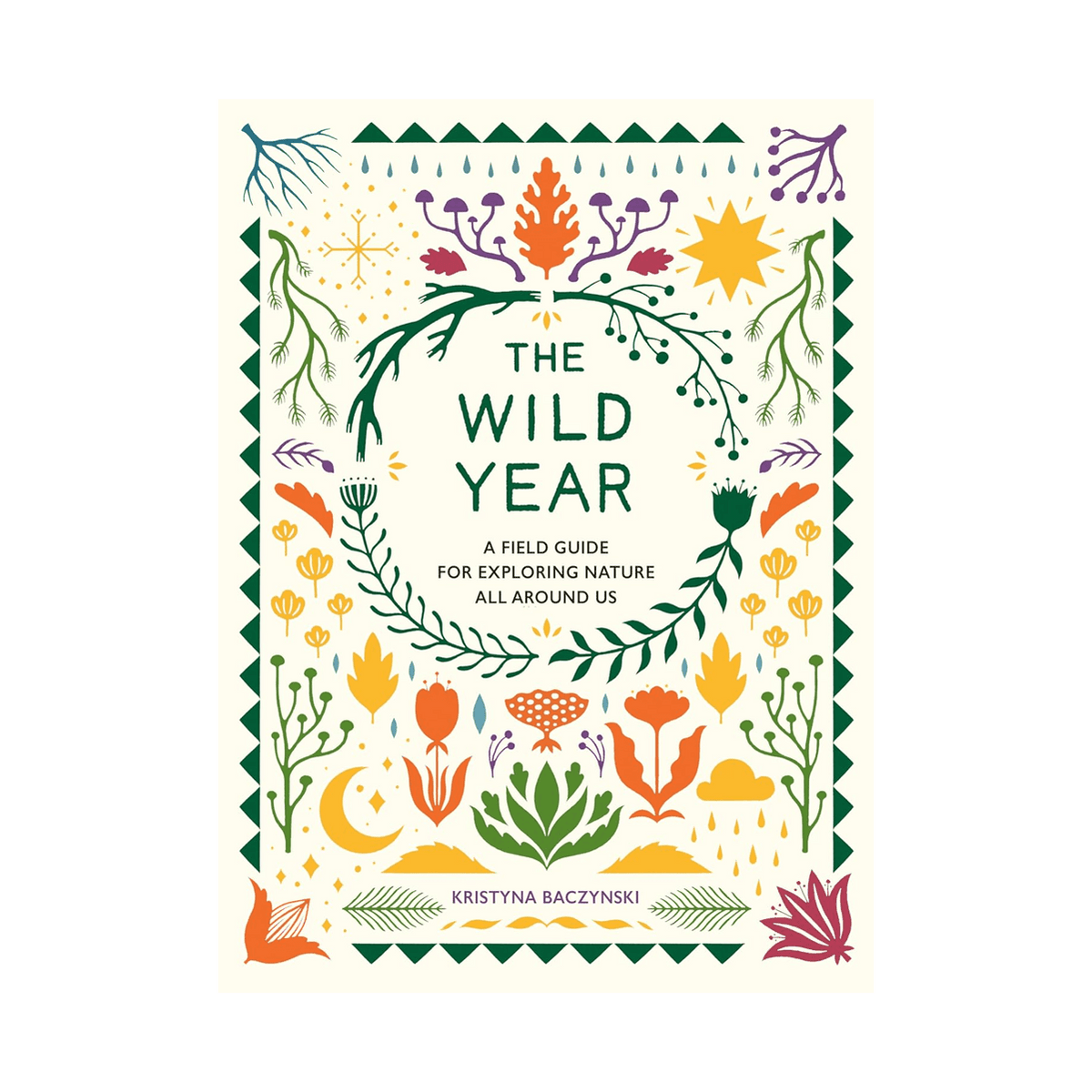 Open copy of "The Wild Year" book published by Penguin Random House, showing colorful cover with nature-inspired artwork.