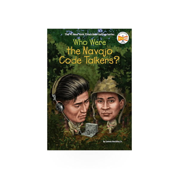 Book titled "Who Were Navajo Code Talkers" by Penguin Random House, showing the cover with Navajo imagery and text.