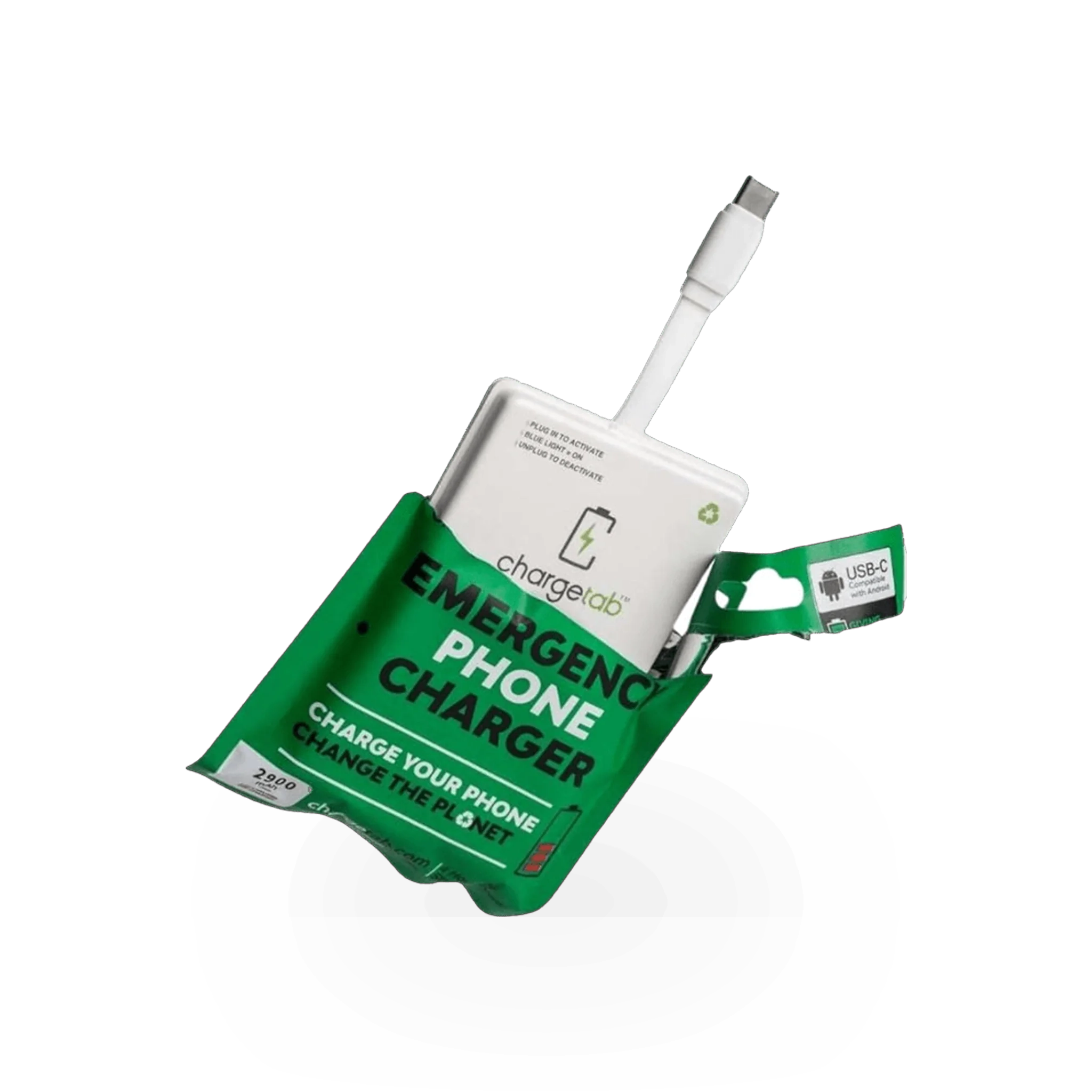 ChargeTab safety device shown in a close-up, featuring its compact design and safety indicators for secure use.