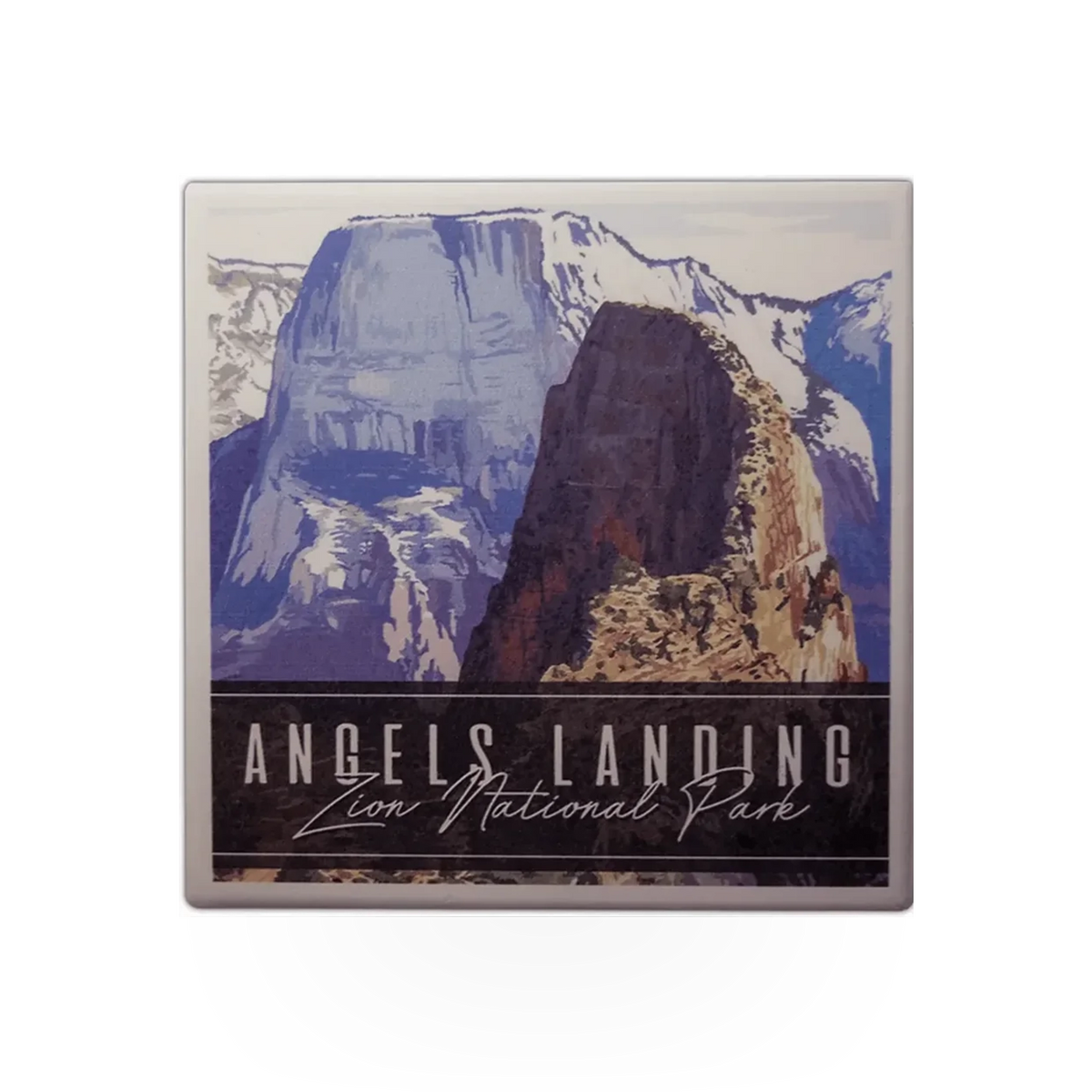 Lantern Press coaster featuring a detailed illustration of Angels Landing in Utah, perfect for protecting surfaces.
