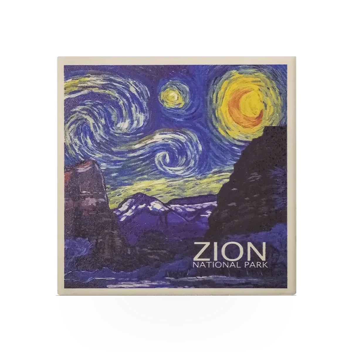Lantern Press Starry Night coaster with a vibrant night sky and swirling stars, made of durable material for protecting surfaces.