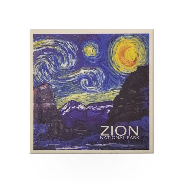 Lantern Press Starry Night coaster with a vibrant night sky and swirling stars, made of durable material for protecting surfaces.