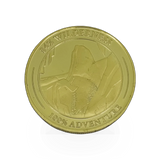 Gold Zion coin by Impact Photographics, showing detailed design and embossed text on a shiny gold surface.