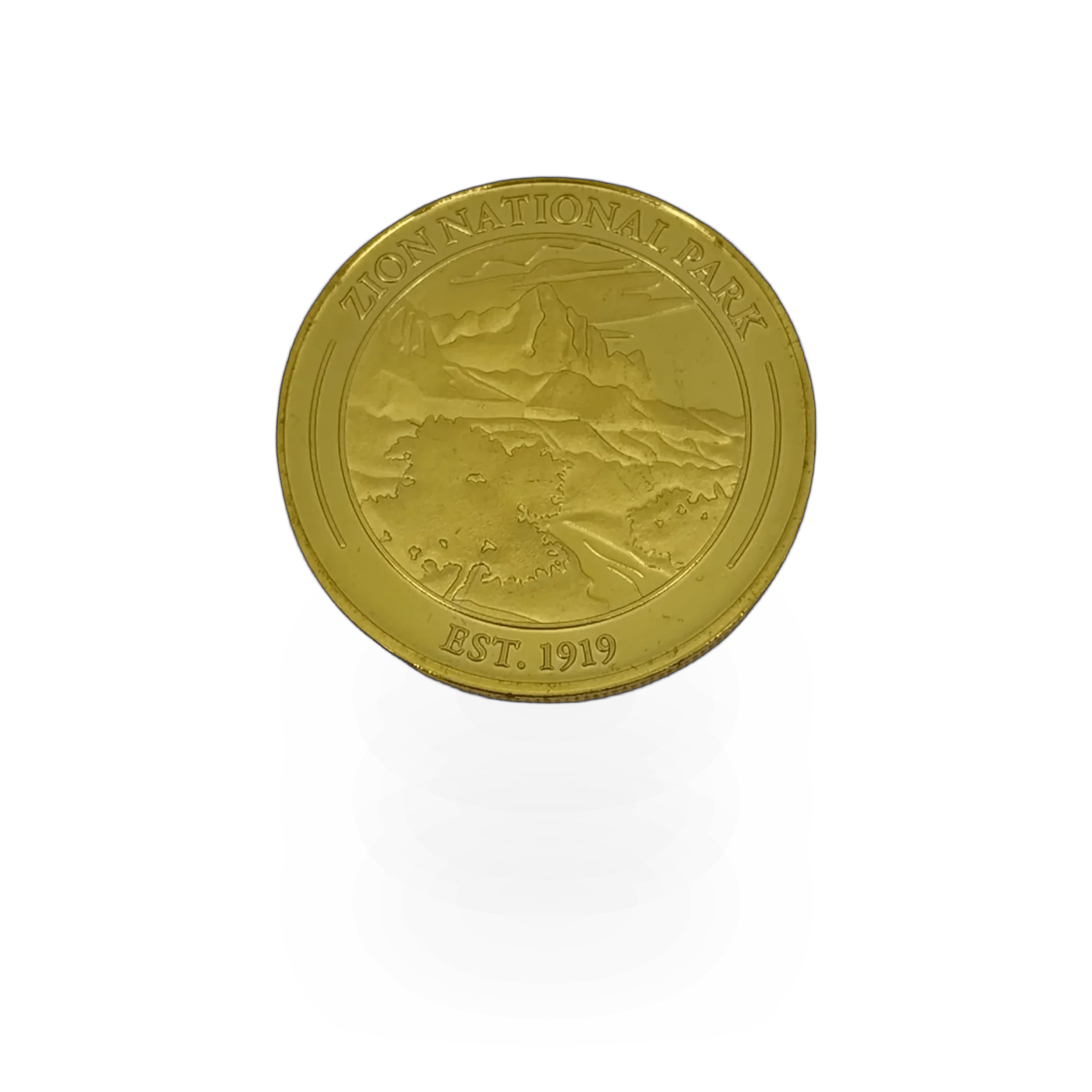 Gold Zion coin from Impact Photographics featuring detailed engravings and a shiny gold finish.