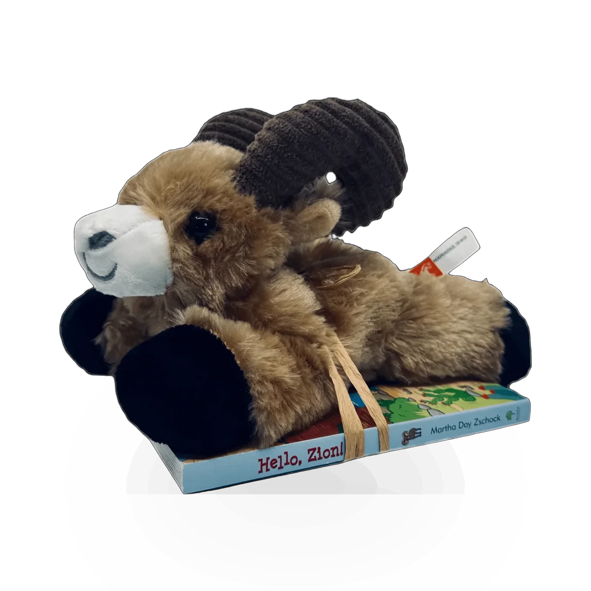 Combo of Hello Zion book and Bighorn Hug'em plush by ZNHA, featuring the book cover and a soft plush toy.