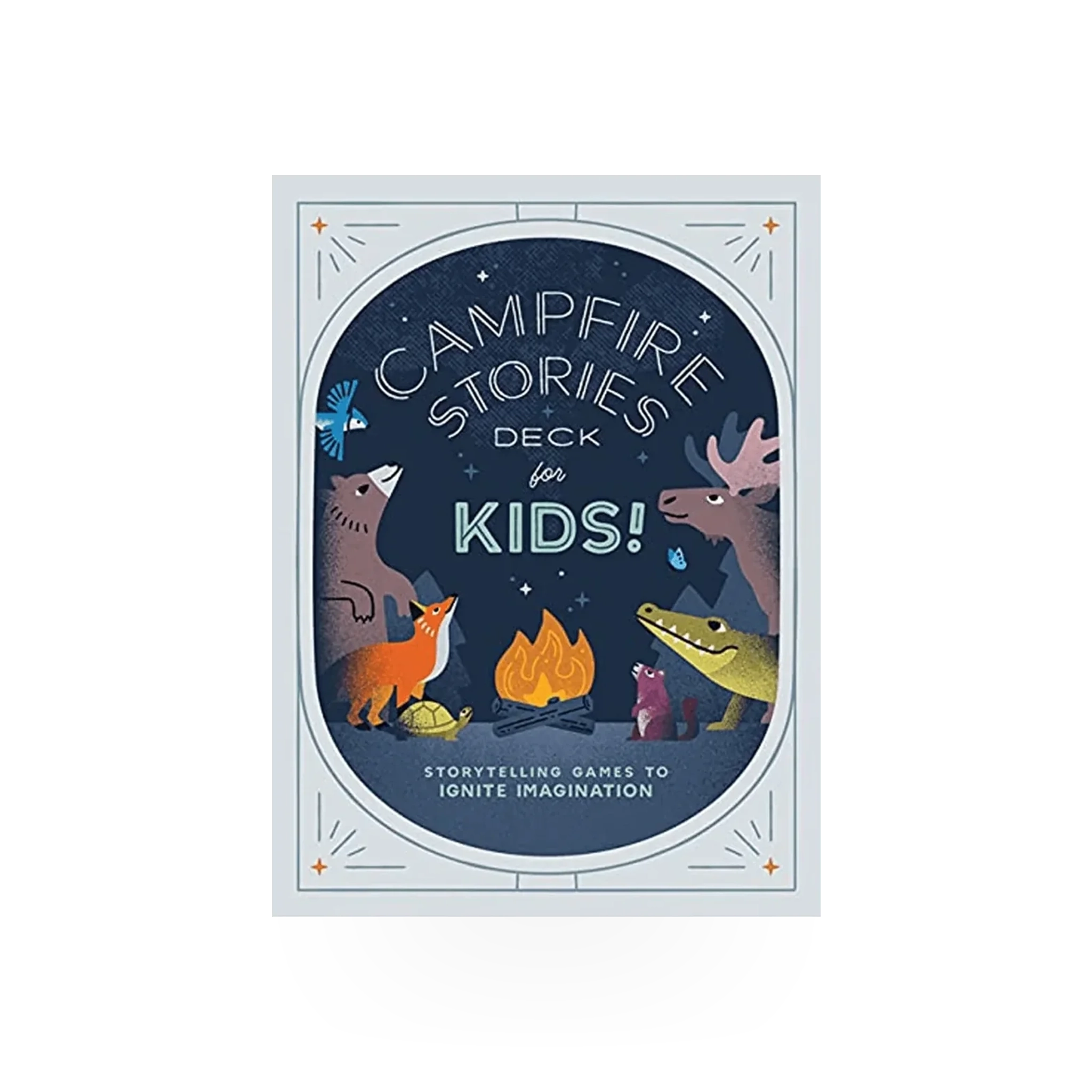 Colorful deck of Campfire Stories for Kids by Mountaineers Books, featuring illustrated cards with fun outdoor storytelling prompts.