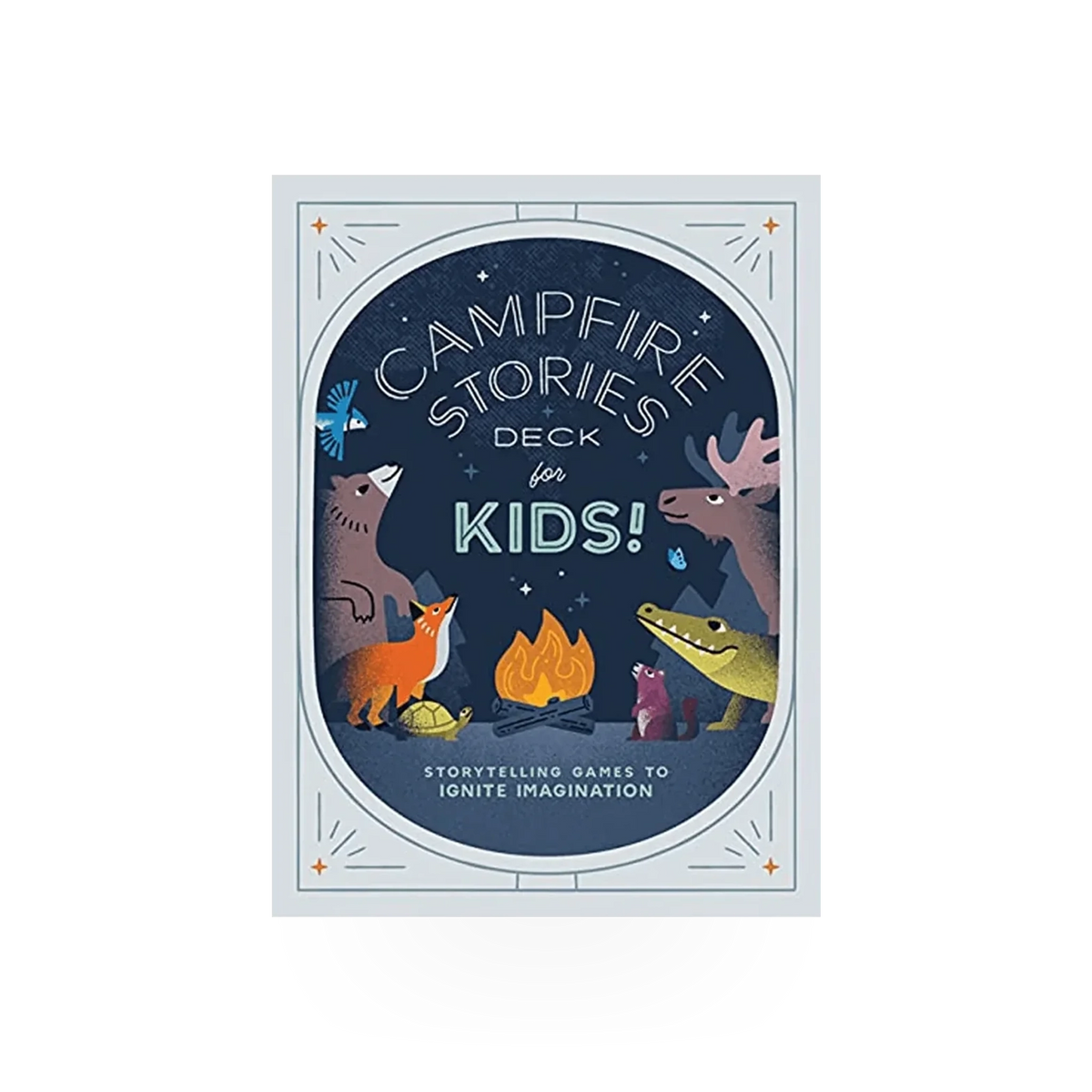 Colorful deck of Campfire Stories for Kids by Mountaineers Books, featuring illustrated cards with fun outdoor storytelling prompts.
