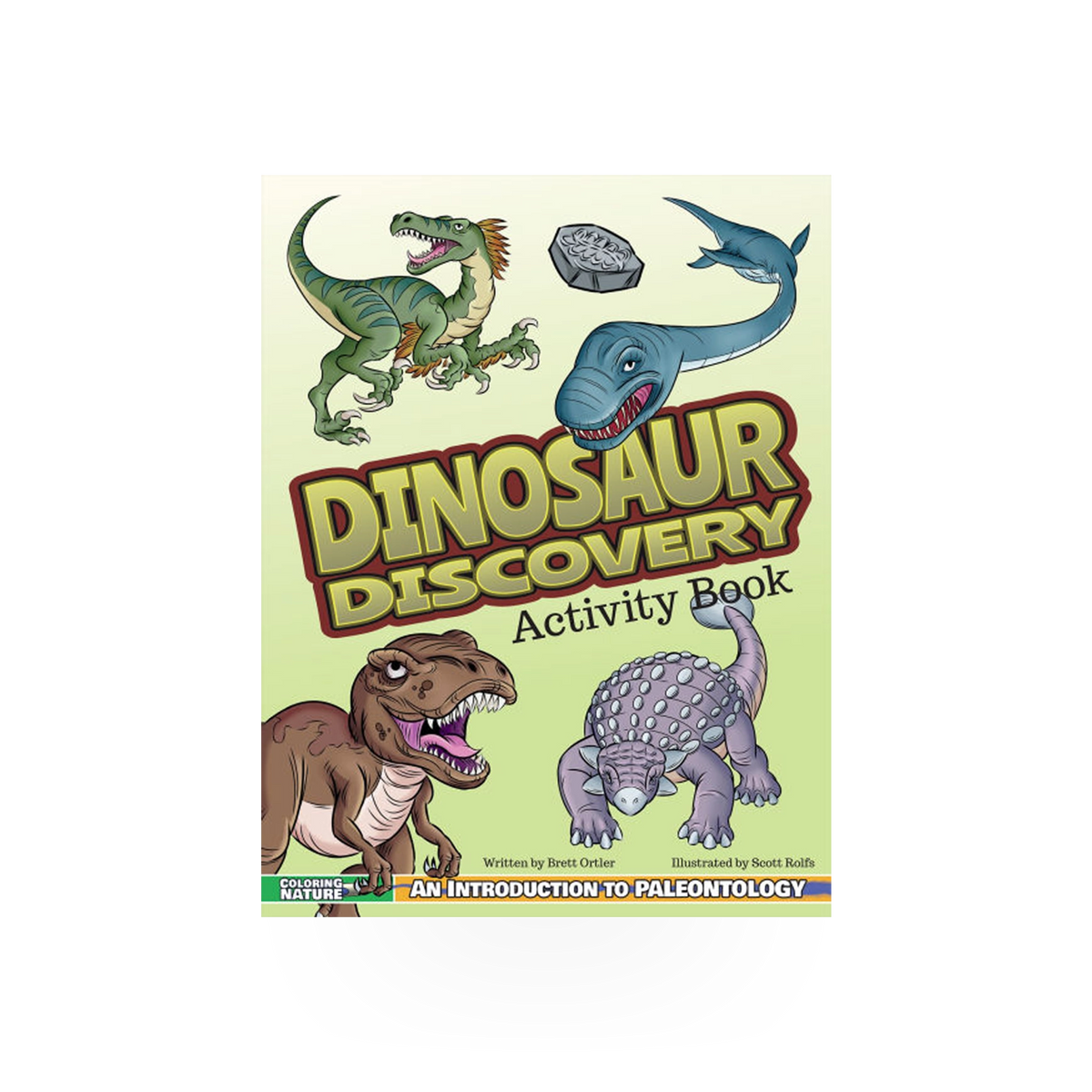 Open book titled Dinosaur Discovery Activity by AdventureKeen showing colorful dinosaur illustrations and activity pages.