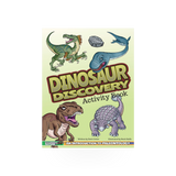 Open book titled Dinosaur Discovery Activity by AdventureKeen showing colorful dinosaur illustrations and activity pages.