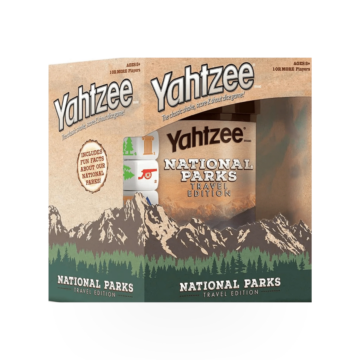 National Park Yahtzee game by USAopoly featuring a colorful game box with images of national park landmarks and dice.