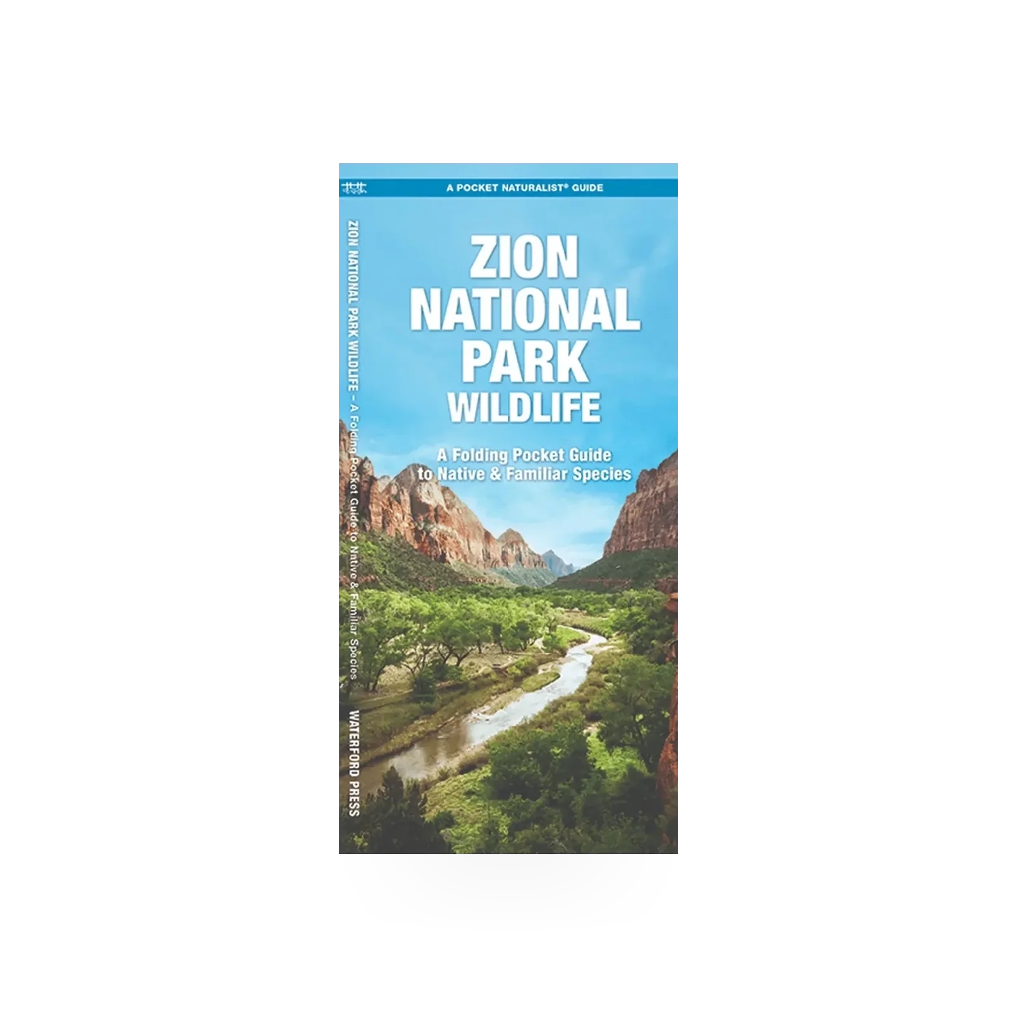 Folding pocket Zion NP wildlife naturalist guide by Simon & Schuster, showing a detailed map and illustrations of local flora and fauna.