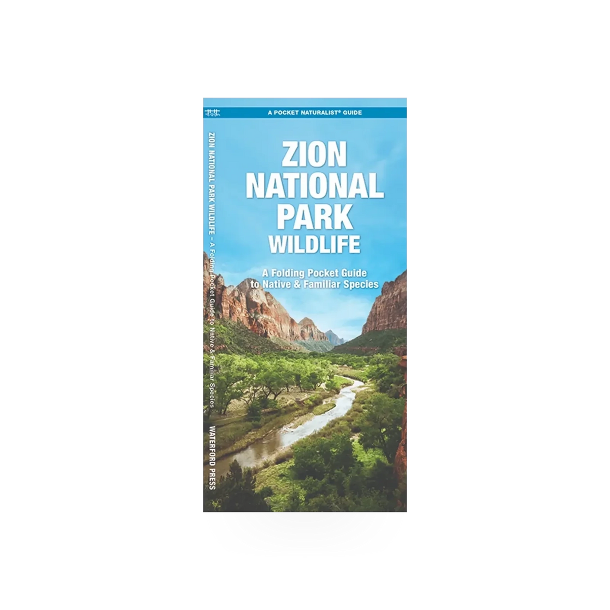 Folding pocket Zion NP wildlife naturalist guide by Simon & Schuster, showing a detailed map and illustrations of local flora and fauna.