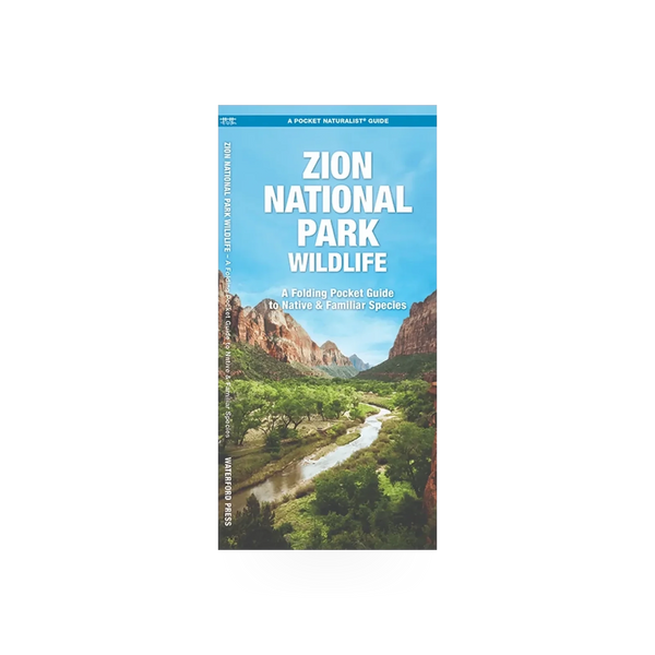Folding pocket Zion NP wildlife naturalist guide by Simon & Schuster, showing a detailed map and illustrations of local flora and fauna.