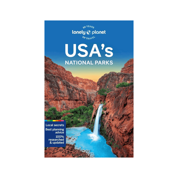 Guide book titled "USA's National Parks" by Lonely Planet, published by Hachette Book Group USA, featuring scenic park images.