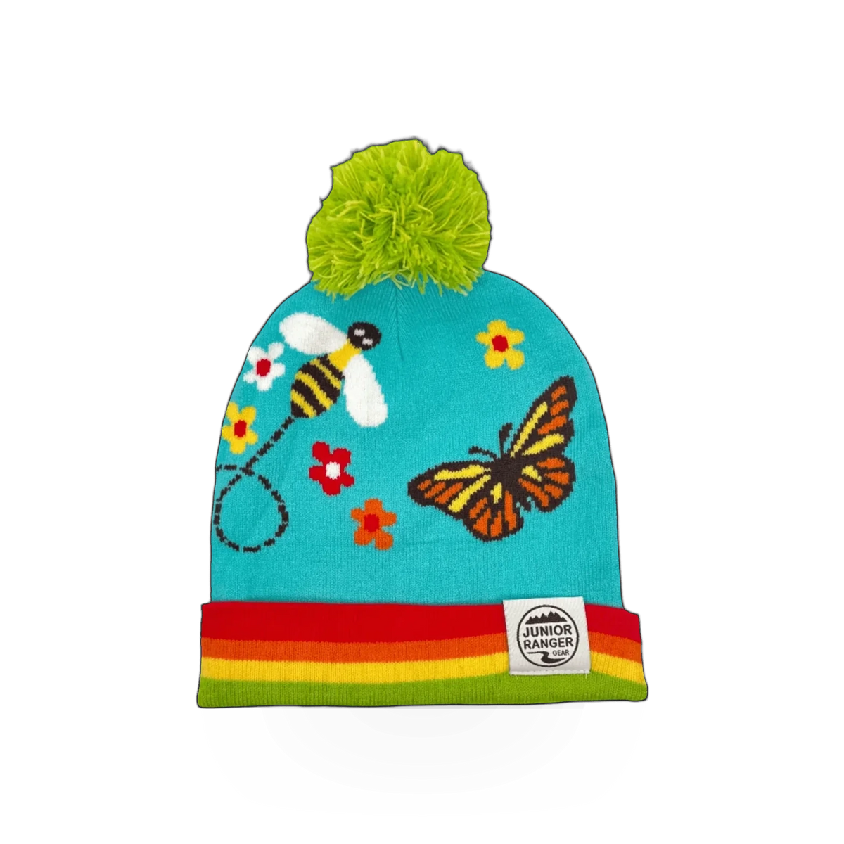 Pollinator Beanie hat by Haywood Studios Inc., featuring a colorful floral design and cozy knit fabric for cold weather wear.