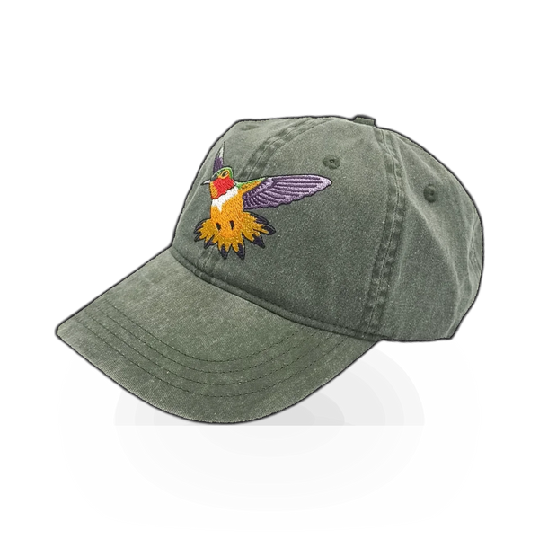 Eco Wear Rufous Hummingbird theme hat featuring a vibrant hummingbird design on a comfortable fabric cap.