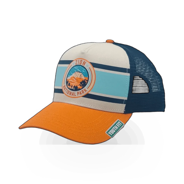 American Needle Yth Sinclair orange and navy themed hat with bold color blocks and adjustable strap.