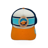 American Needle Yth Sinclair orange and navy themed hat with bold color blocks and adjustable strap.
