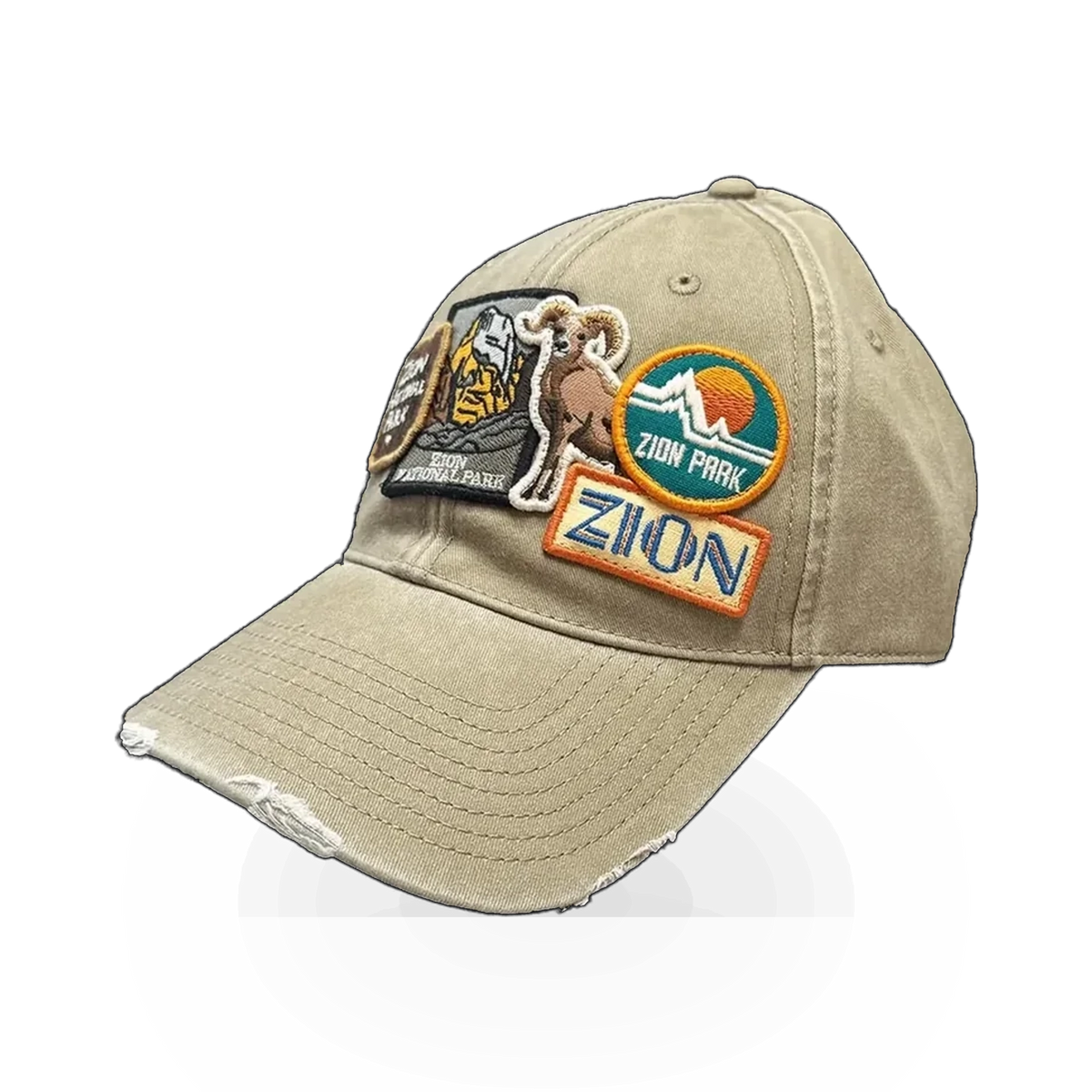 American Needle Zion Iconic Patches hat in khaki color, featuring patch details and a classic baseball cap style.