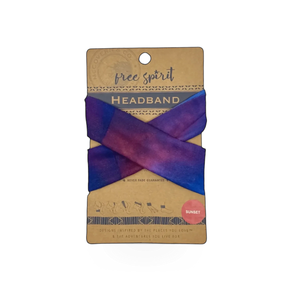 Purple Sunset cloth headband by McGovern Maps featuring a vibrant sunset design and comfortable fit.