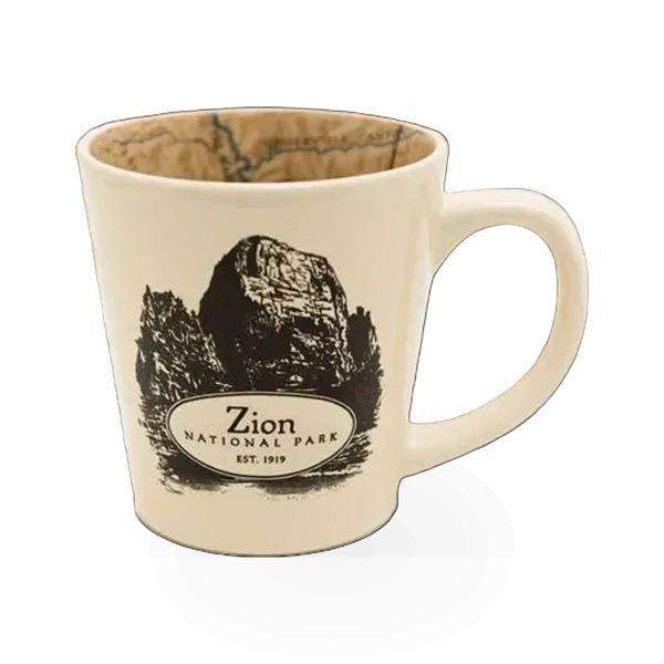 McGovern Maps Zion theme mug featuring a detailed map design on a ceramic mug.